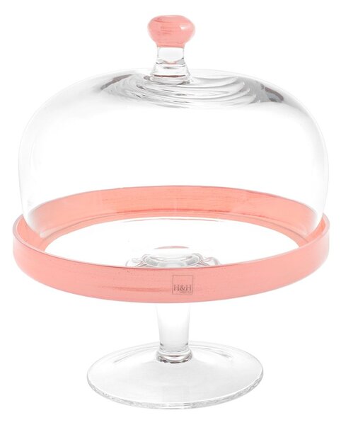 Alzata in vetro con cupola bordo colore rosa cm 22x26h