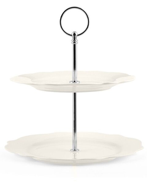 Alzata 2 piani festonati in new bone china manico cromato colore avorio cm 21 - 19