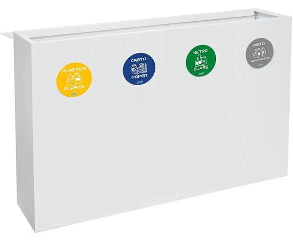 Pattumiera, Mobiletto per raccolta differenziata in acciaio | 4 scomparti da 240Lt Dimensioni 30x120xh 80 cm 4 scomparti da 240 litri totali 4 Etichette colore Bianca