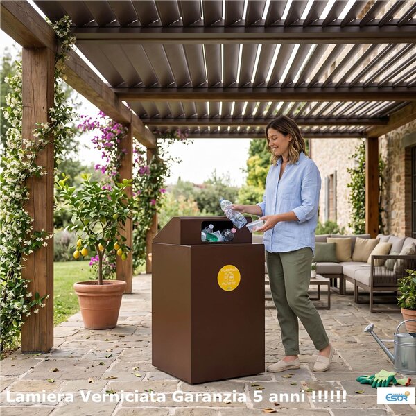 Pattumiera, Mobiletto per raccolta differenziata in acciaio 1 scomparti da 100L Dimensioni 48x48xh 96 cm 1 scomparti da 100 litri totali, 4 Etichette colore Corten
