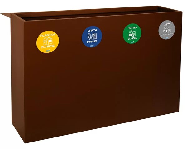 Pattumiera, Mobiletto per raccolta differenziata in acciaio | 4 scomparti da 240Lt Dimensioni 30x120xh 80 cm 4 scomparti da 240 litri totali 4 Etichette colore Corten