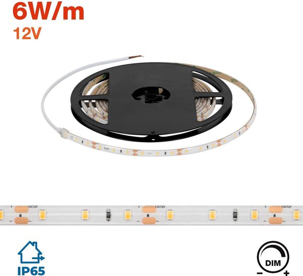 Striscia LED 2835/60 12V 6W/m IP65 5m Colore Bianco Caldo 3.000K
