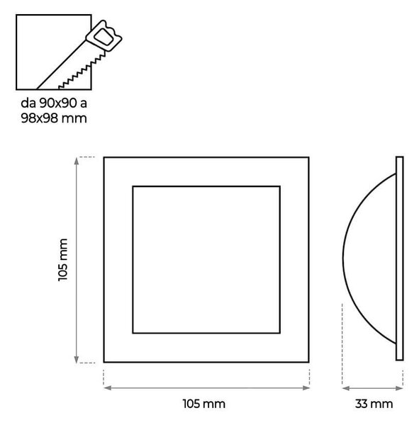 Faro LED da incasso Quadrato Luce INDIRETTA 8W Foro 92x92mm Colore Bianco Caldo 3.000K