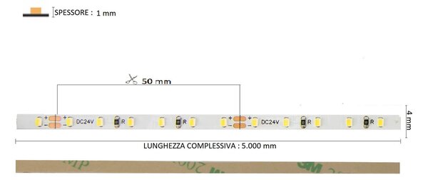 Striscia LED 4mm Professional 2216/120 - IP20 - 10W/m - 5m - 24V Colore Bianco Naturale 4.000K