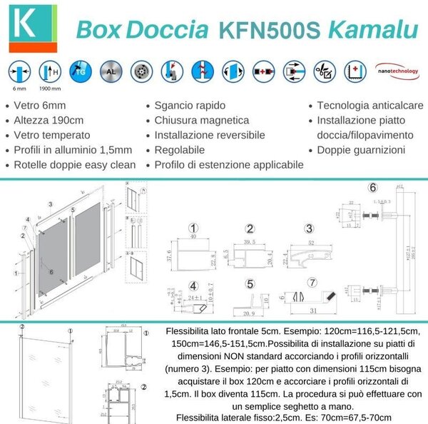 Kamalu box doccia vetro piumato 70x100 telaio nero opaco | kfn5000sn