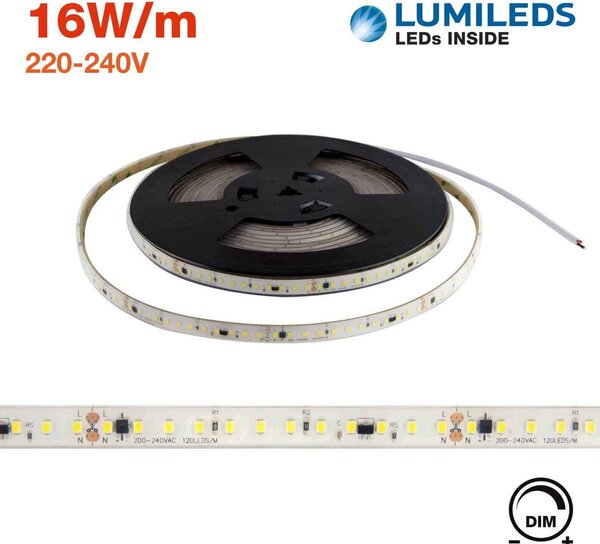 Strisce LED 220V 16W/m 120lm/W chip Lumileds Dimmerabile tagl. 10cm – 10m Colore Bianco Naturale 4.000K