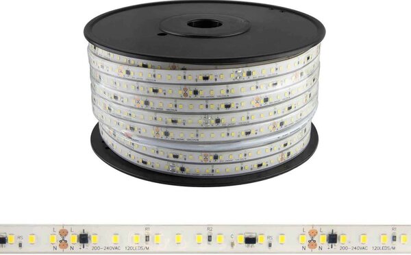 Strisce LED 220V 16W/m 120lm/W chip Lumileds Dimmerabile tagl. 10cm – 50m Colore Bianco Caldo 2.700K