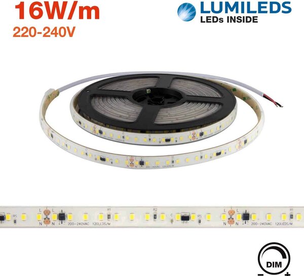 Strisce LED 220V 16W/m 120lm/W chip Lumileds Dimmerabile tagl. 10cm – 5m Colore Bianco Freddo 6.000K