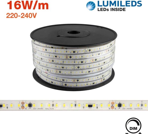 Strisce LED 220V 16W/m 120lm/W chip Lumileds Dimmerabile tagl. 10cm – 50m Colore Bianco Naturale 4.000K