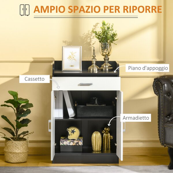 HOMCOM Mobiletto con Cassetto e Ripiano Regolabile per Cucina, Soggiorno e Anticamera, in MDF, 60x40x90cm, Bianco e Nero|Aosom