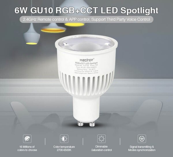 Faretto LED GU10 6W RGB+CCT Dimmerabile Sincronizzazione Automatica Colore RGB+CCT