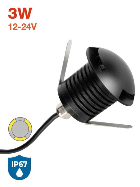 Faretto LED 3W Tridirezionale IP67 Nero - Professional Colore Bianco Caldo 2.700K