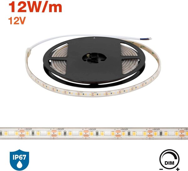 Striscia LED 2835/120 12V 12W/m IP67 5m Colore Bianco Caldo 3.000K