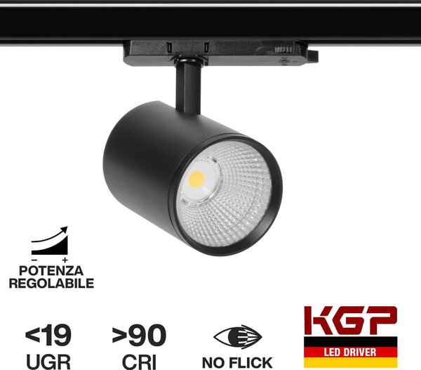 Faro LED 12W-40W Binario Trifase CRI90 110lm/W UGR19 45° - KGP Electronics GmbH driver Colore Bianco Naturale 4.000K