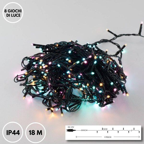 Catenaria Natalizia LED 8 GIOCHI DI LUCE 18m Cavo VERDE IP44 MULTI OPAL Colore Multicolor