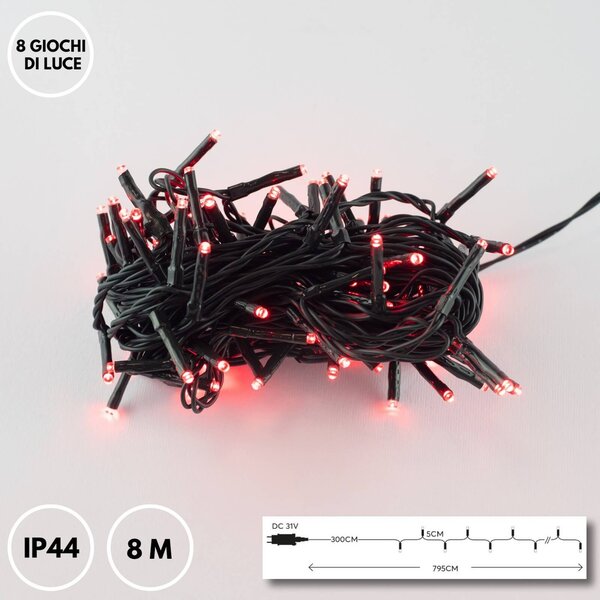Catenaria Natalizia LED 8m 8 GIOCHI DI LUCE Cavo VERDE IP44 Luce ROSSO Colore Rosso 620 - 625 °K