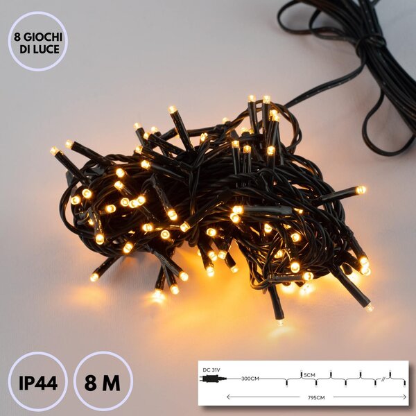 Catenaria Natalizia LED 8 GIOCHI DI LUCE 8m Cavo VERDE IP44 Colore Bianco Caldo 2200 - 2300 °K