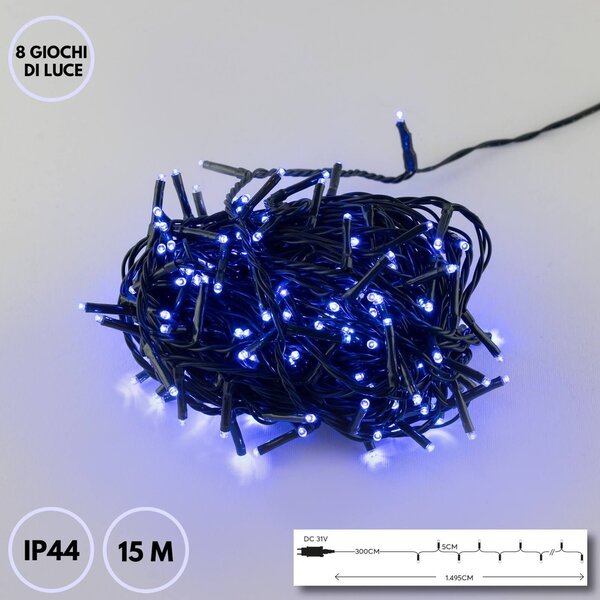 Catenaria Natalizia LED 8 GIOCHI DI LUCE 15m Cavo VERDE IP44 Luce BLU Colore Blu 460 - 465 °K