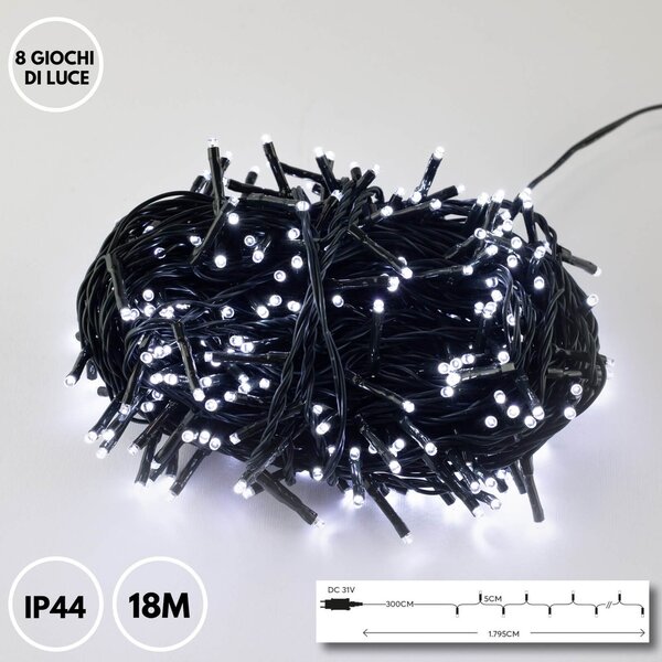 Catenaria Natalizia LED 18m 8 GIOCHI DI LUCE Cavo VERDE IP44 Colore Bianco Freddo 7500 - 8500 °K