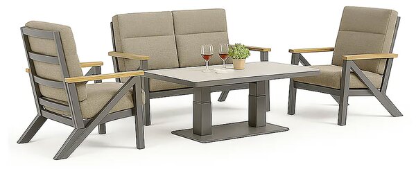 Set 4 Pezzi Salotto da Giardino 4 Posti Kea con Divano 2 Poltrone Reclinabili e Tavolino Piano in Ceramica in Alluminio Verniciato Grigio