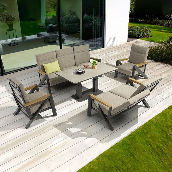 Set 4 Pezzi Salotto da Giardino 5 Posti Kea Plus con Divano 2 Poltrone Reclinabili e Tavolino Piano in Ceramica in Alluminio Verniciato Grigio