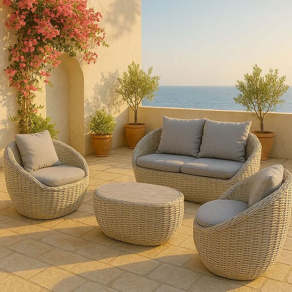 Set 4 Pezzi Salotto da Giardino 4 Posti Santorini con Divano 2 Poltrone e Tavolino in Polyrattan Grigio