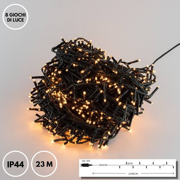 Catenaria NATALIZIA LED 8 GIOCHI DI LUCE 23m Cavo VERDE IP44 Colore Bianco Caldo 2200 - 2300 °K