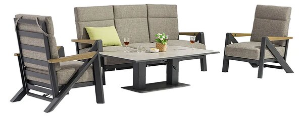 Set 4 Pezzi Salotto da Giardino 5 Posti Kea Plus con Divano 2 Poltrone Reclinabili e Tavolino Piano in Ceramica in Alluminio Verniciato Grigio
