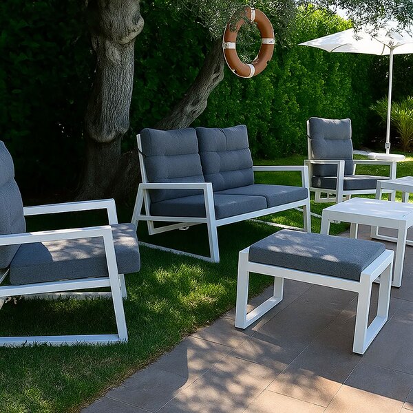 Pouf da Giardino Mikonos 67,5x53x45 cm in Alluminio e Tessuto Tecnico Grigio e Bianco