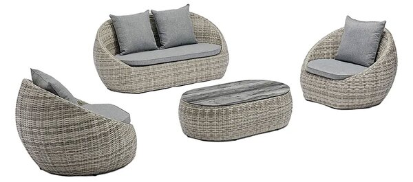 Set 4 Pezzi Salotto da Giardino 4 Posti Santorini con Divano 2 Poltrone e Tavolino in Polyrattan Grigio