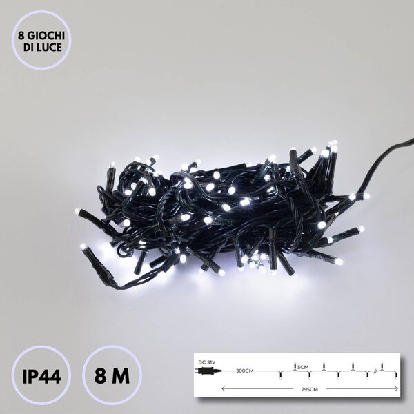 Catenaria Natalizia LED 8m con 8 GIOCHI DI LUCE IP44 Cavo VERDE Colore Bianco Freddo 7500 - 8500 °K