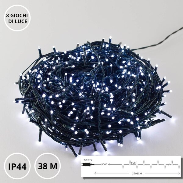 Catenaria Natalizia LED 8 GIOCHI DI LUCE 38m C.VERDE IP44 Colore Bianco Freddo 7500 - 8500 °K