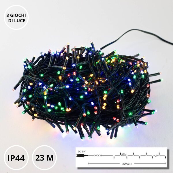 Catenaria Natalizia LED 8 GIOCHI DI LUCE 23m C.VERDE IP44 MULTICOLOR Colore Multicolor