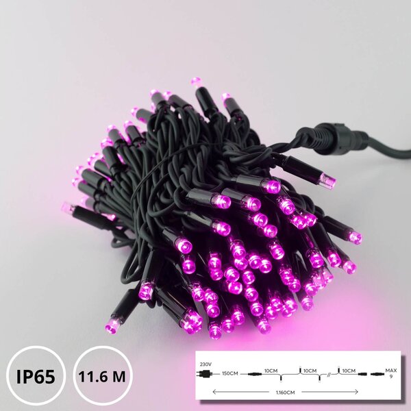 Catenaria Natalizia LED 11.6m IP65 Cavo VERDE Luce ROSA Colore Rosa 550 - 570 °K