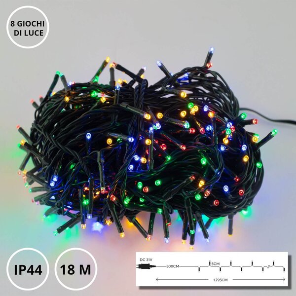 Catenaria Natalizia LED 8 GIOCHI DI LUCE 18m Cavo VERDE IP44 MULTICOLOR Colore Multicolor