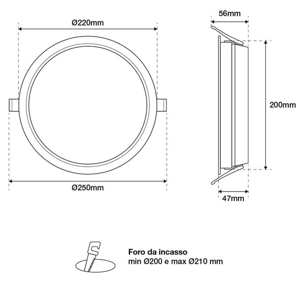 Faro LED incasso 30W foro ø200-210 UGR19 110lm/W - Dimmerabile Colore Bianco Caldo 2.700K