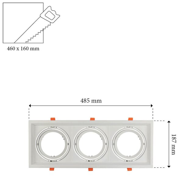Faro da Incasso Orientabile Bianco - 3 lampade AR111 Foro 460x160mm