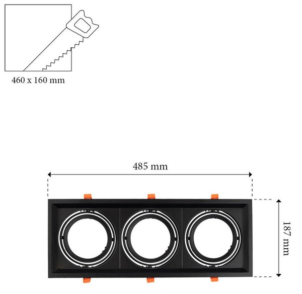 Faro da Incasso Orientabile Nero - 3 lampade AR111 Foro 460x160mm