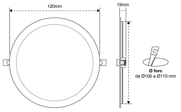 Pannello LED Rotondo 8W 800lm Foro Ø105-110mm Osram chip LED Colore Bianco Caldo 3.000K