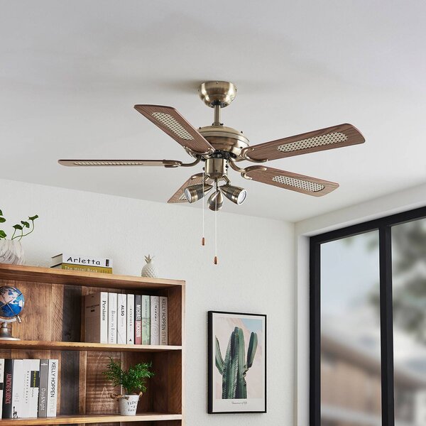 Ventilatore da soffitto Lindby con luce Anariki, silenzioso, ottone Anariki, Ottone / Oro, Soggiorno / Sala da pranzo, Metallo, Campagna / Rustiche
