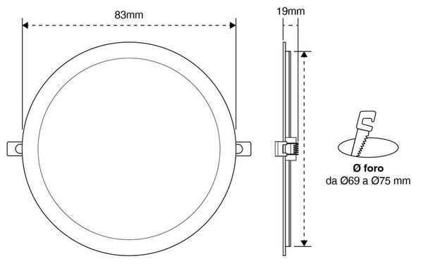 Pannello LED Rotondo 5W 500lm Foro Ø70-75mm Osram chip LED Colore Bianco Caldo 3.000K