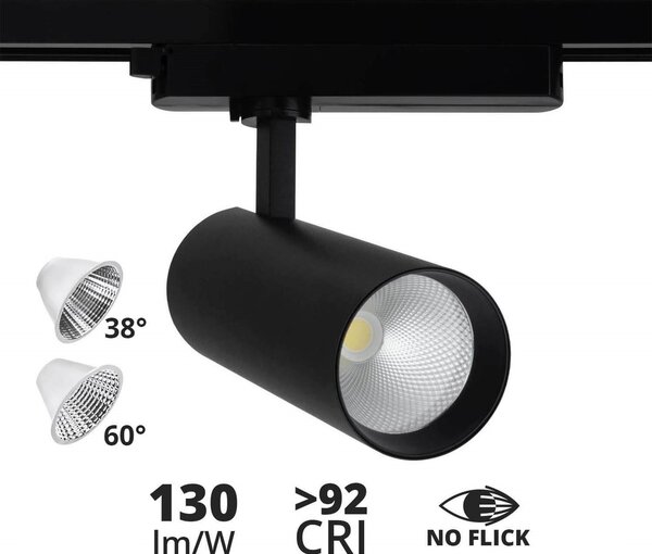 Faro LED 30W Monofase Nero 38°/60° 130lm/W CRI92 no Flickering Colore Bianco Naturale 4.000K