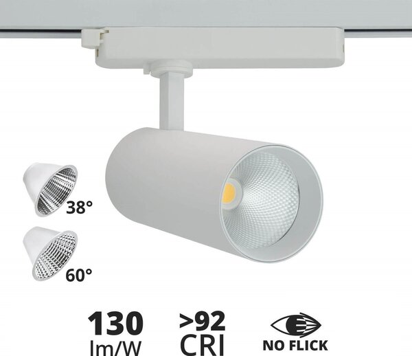 Faro LED 30W Monofase 38°/60° 130lm/W CRI92 no Flickering Colore Bianco Naturale 4.000K