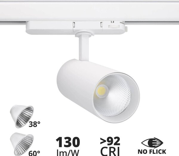 Faro LED 34W per Binario Trifase 38° + 60° Bianco con driver Philips CRI92 Colore Bianco Naturale 4.000K