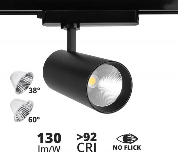 Faro LED 40W Monofase Nero 38°e 60° 130LM/W CRI92 no Flickering Colore Bianco Naturale 4.000K
