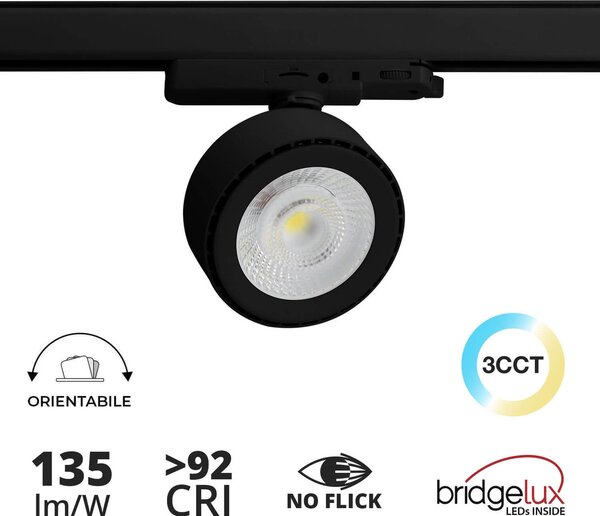Faro LED 36W Slim per Binario Trifase Orientabile 60° Nero 3CCT Bianco Variabile Colore Bianco Variabile CCT
