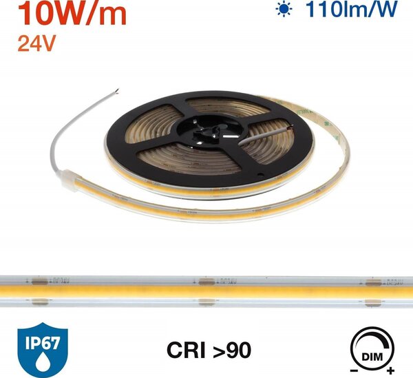 Striscia LED COB 10W/m 24VDC IP67 5m Luce Continua Colore Bianco Naturale 4.000K