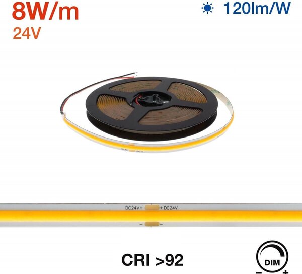 Striscia LED COB 8W/m 24VDC IP20 5m Professional Colore Bianco Freddo 5.700K