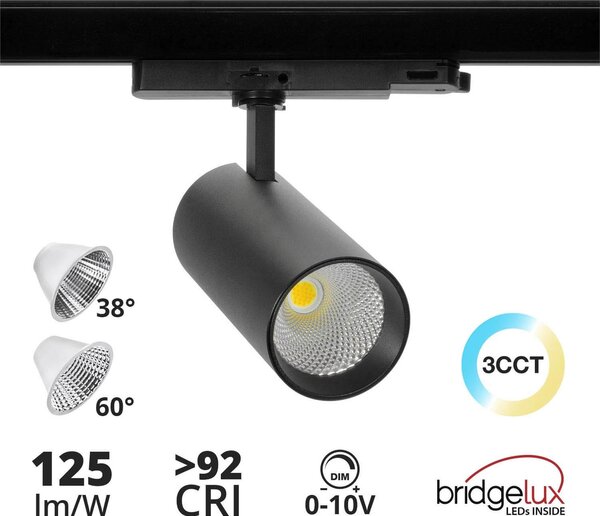 Faro LED 40W Dimmerabile 0-10V per Binario Trifase 38/60° Nero CCT Colore Bianco Variabile CCT