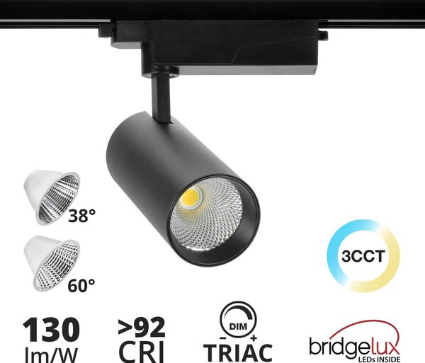 Faro LED 40W Dimmerabile Triac Binario Monofase 38°/60° Nero CCT CRI92 Colore Bianco Variabile CCT